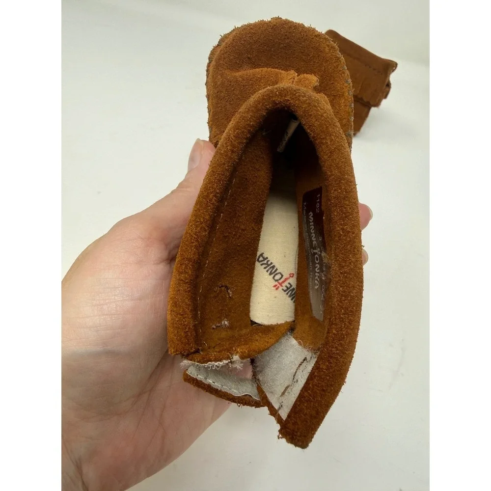 Minnetonka Infant's Brown Suede Leather Fringe‎ Back Strap Booties Size 3